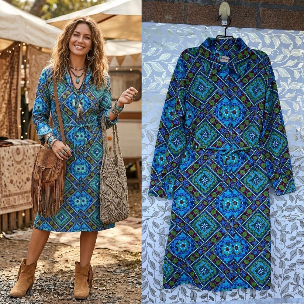 Country Miss Vintage 1970s Knit Dress M Blue Green Geometric Whimsigoth Boho